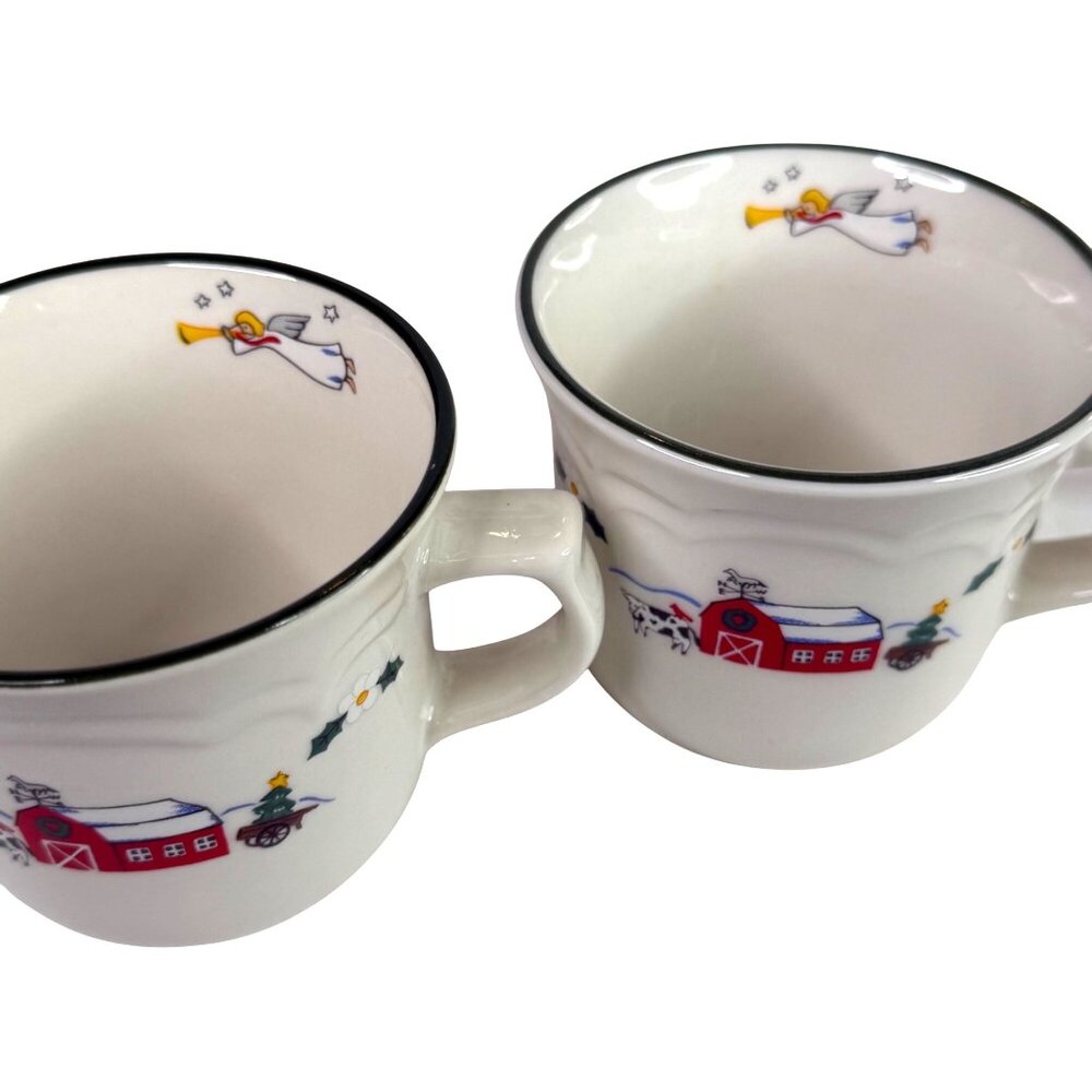Pfaltzgraff Snow Village Mugs & Saucers Set Of 2 Christmas Angel Farm Barn VTG - Picture 8 of 13